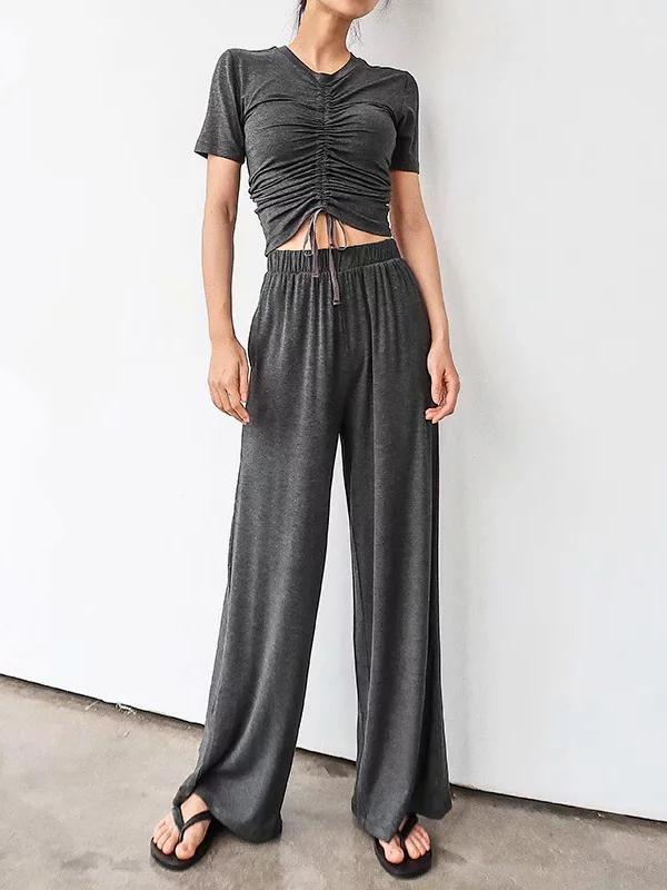 Drawstring Pleated Tees And Wide Leg Pants Suits