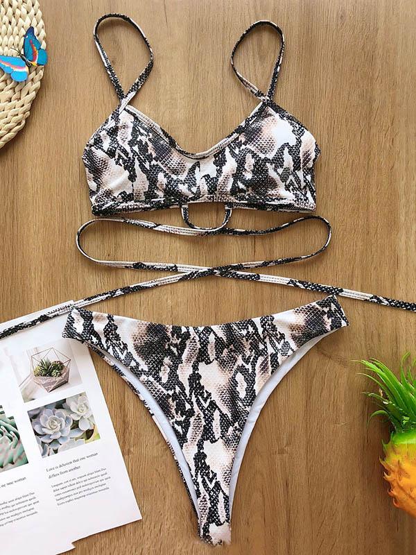 Sexy Bandage Backless Snake Pattern Split Type Bikini Swimsuit