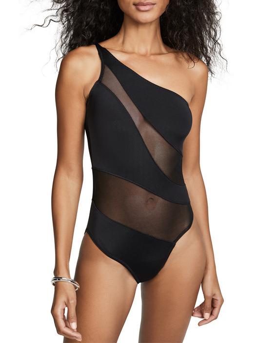 Tulle Black Single Shoulder One-piece Swimwear