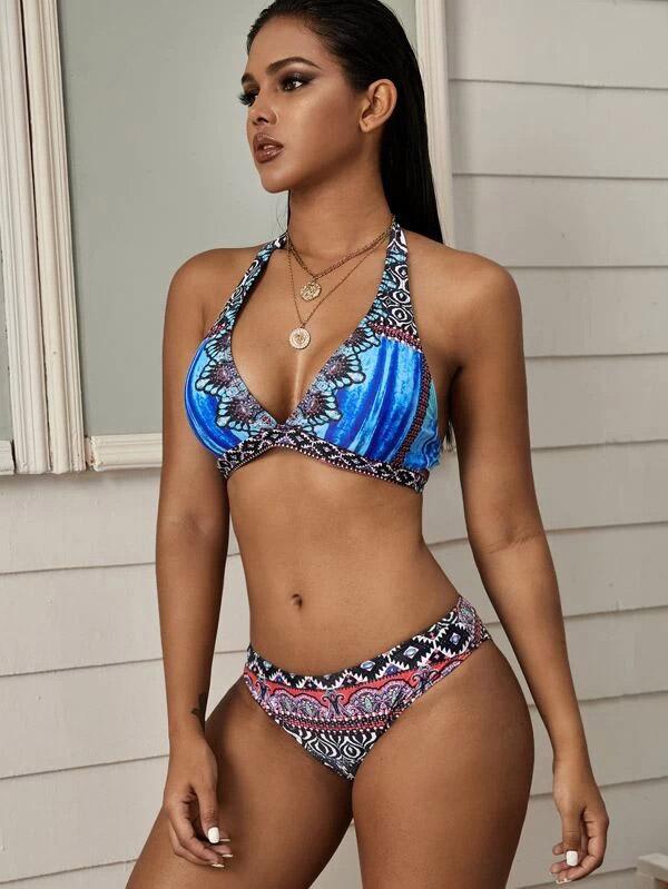 Ethnic Printed Deep V-Neck Split Bikini Swimsuit