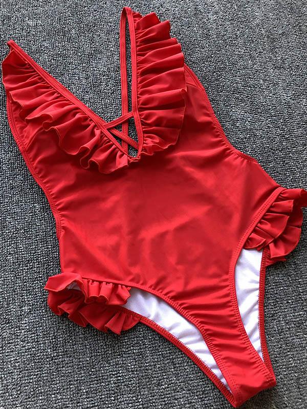 Plain Red Falbala Top One-piece Swimwear