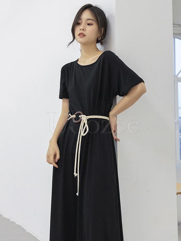 Casual Solid Belted Hemline Maxi Dress