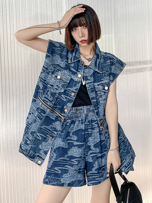 Stylish Buttoned Lapel Zipper Sleeveless Denim Two Pieces Set