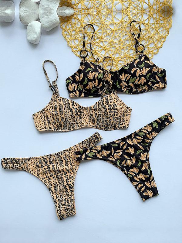 Leopard-Print Spaghetti-Neck Split Bikini Swimsuit