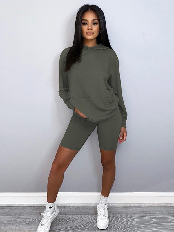 Casual Loose Solid Color Hooded Sweat Shirts&Shorts Suits