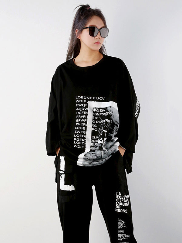 Casual Long Sleeves Loose Letter Print Round-Neck T-Shirts Tops