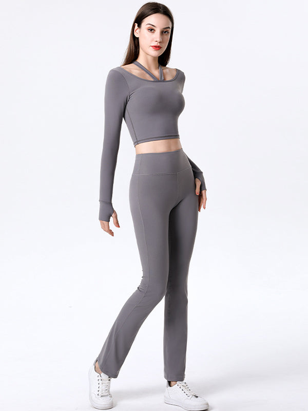 Wrap Hollow Long Sleeves Tees&Flared Leggings Suits