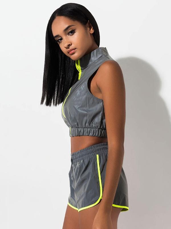 Sleeveless Zipper Crop Tanks And Shorts Suits