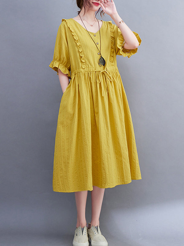 Original Loose Solid Color Falbala Drawstring Midi Dress