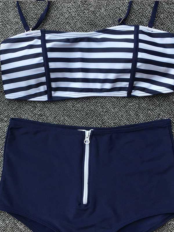 Zipper Stripe High Waist Bikini Swimsuit