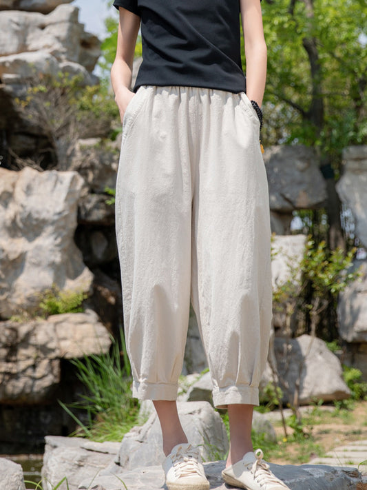 Vintage Ramie Cotton Solid Color Cropped Pants Harem Pants