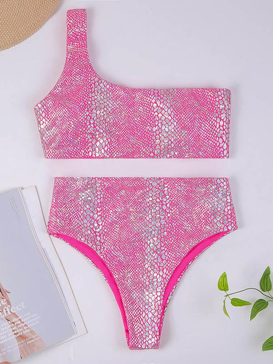 One-Shoulder Snake-Print Split Bikini Swimsuit