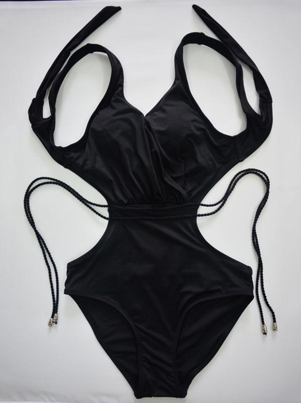 Plain Hollow Lace-up One-piece Swimsuit