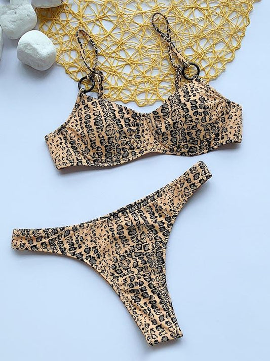 Leopard-Print Spaghetti-Neck Split Bikini Swimsuit