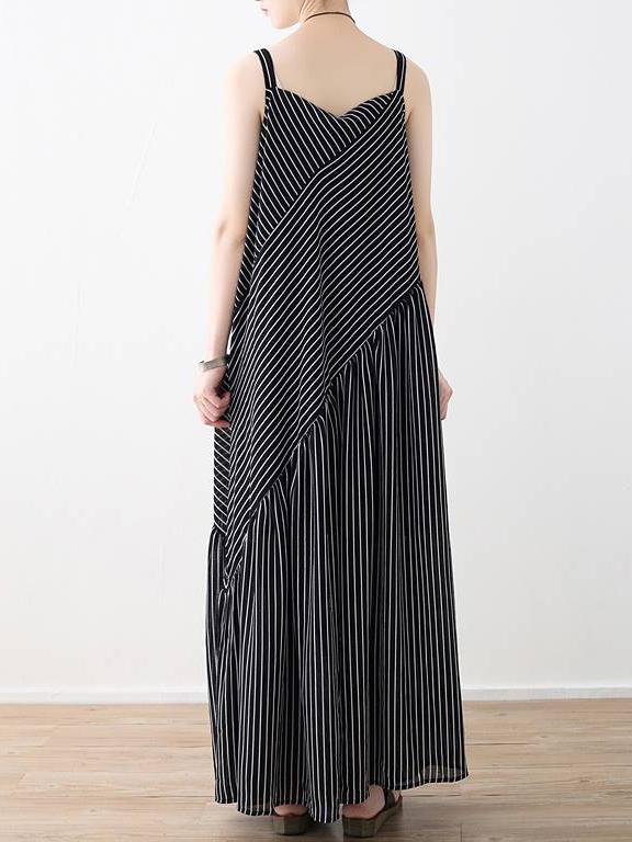 Loose Striped Split-joint Wide-leg Sleeveless V-neck Jumpsuits