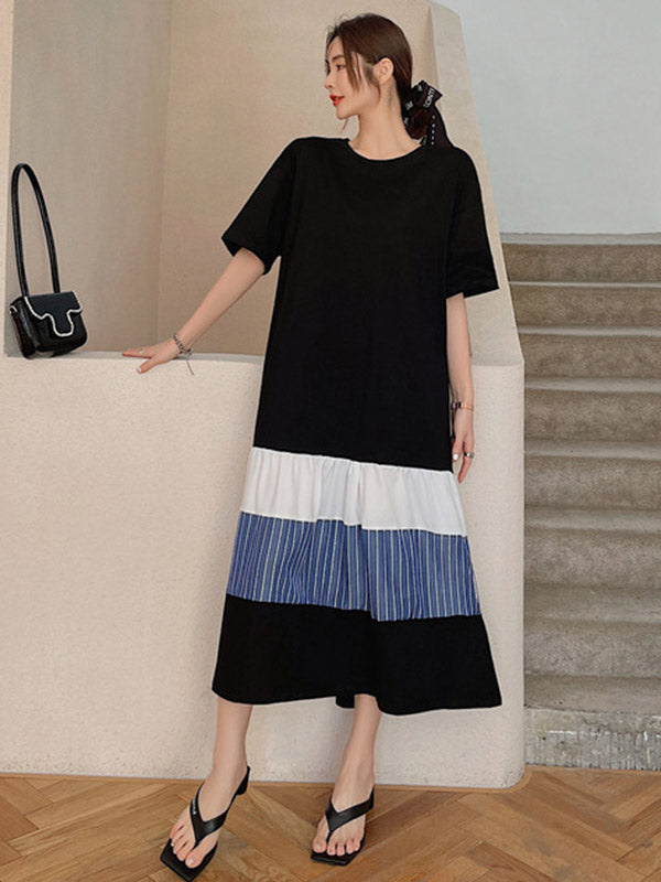 Original Split-Joint Round-Neck Short Sleeve Midi Dress