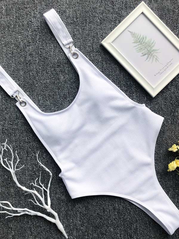 Ribbed Plain Wide Strap One-Piece Swimsuit