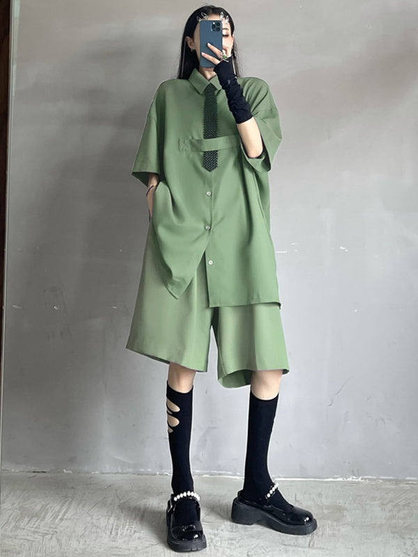 Cool Chic Loose Split-Joint Solid Color With Tie Lapel Collar Half Sleeves Blouse&Pleated Wide Legs Shorts 2 Pieces Set