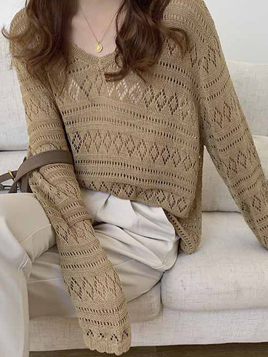 Vintage Solid Color V-Neck Hollow Long Sleeves Knitwear