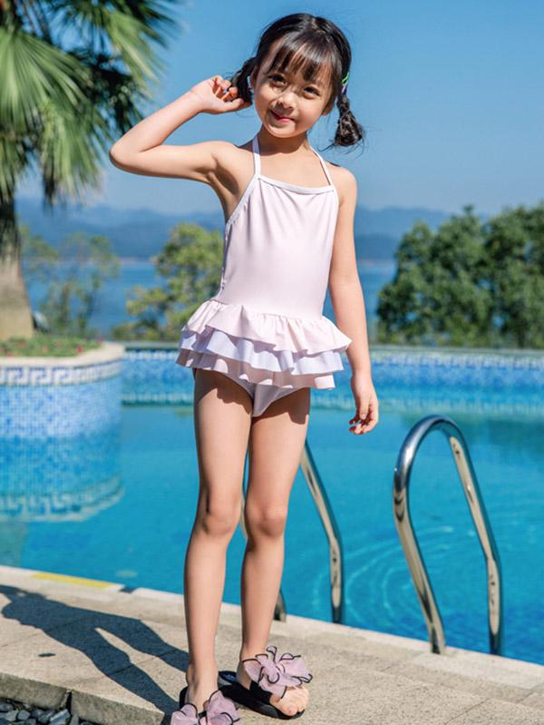 AONIHUA Solid Light Pink Sweet Girl Swimwear