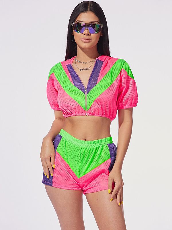 Mesh Zipper Colorful Tee And Shorts Suits