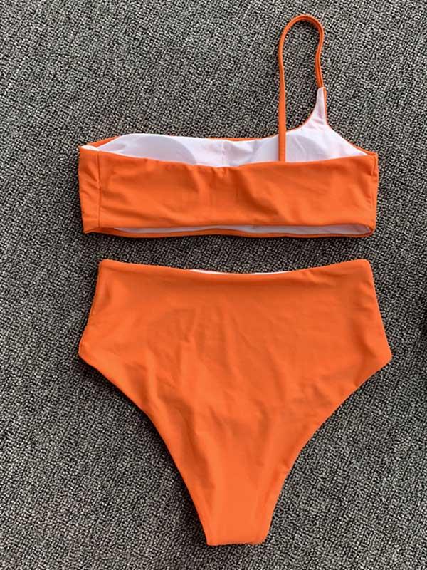 One-Shoulder Solid Color Split Bikini Swimsuit