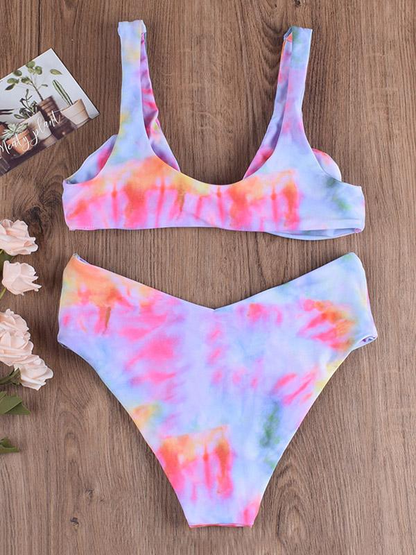 Sexy Low Collar Knotted Printing Split Type Bikini Swimsuit