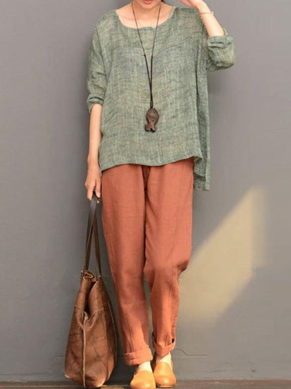 Loose Linen Round-neck Split-joint Long Sleeves T-shirt