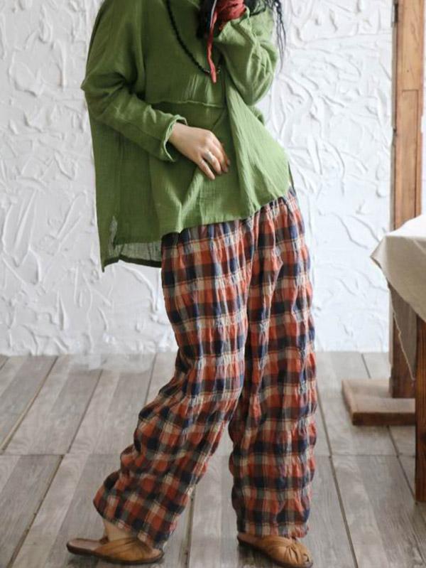 Casual Colorful Plaid Linen Pants