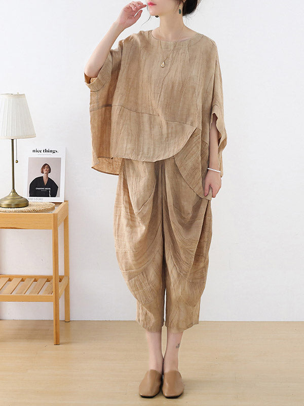 Vintage Linen Loose Split-Joint Round-Neck Batwing Sleeves T-Shirt+Elasticity Wide Leg Pants 2 Pieces Set