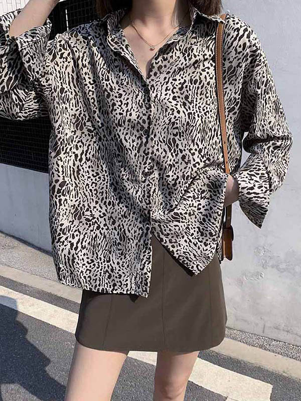 Stylish Leopard Buttoned Lapel High-Low Long Sleeves Blouse Tops