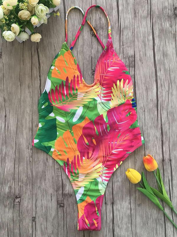 Leaves Printed Backless One-piece Swimwewar