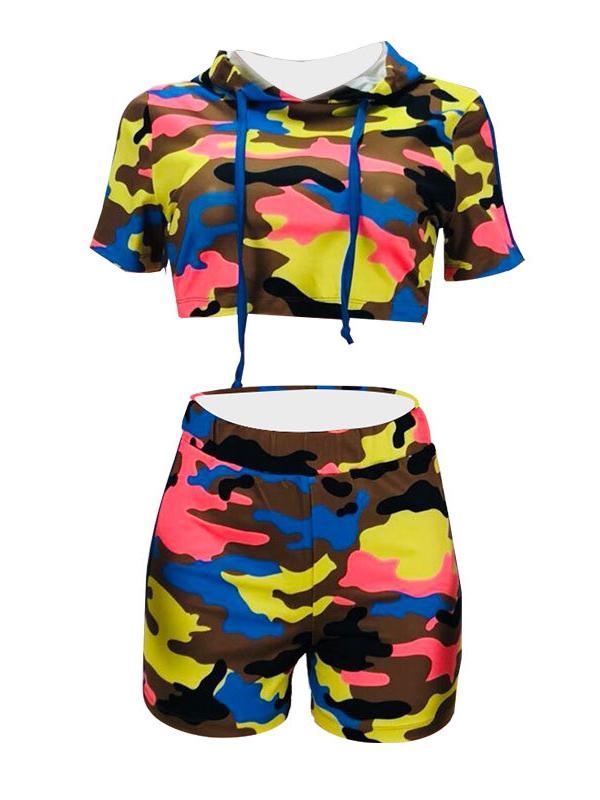 Camo Printed Crop Hoodies And Shorts Suits