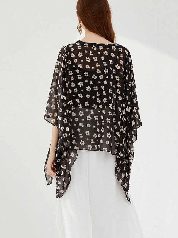 Original Loose Chiffon Floral Printed Irregular Shirt Top