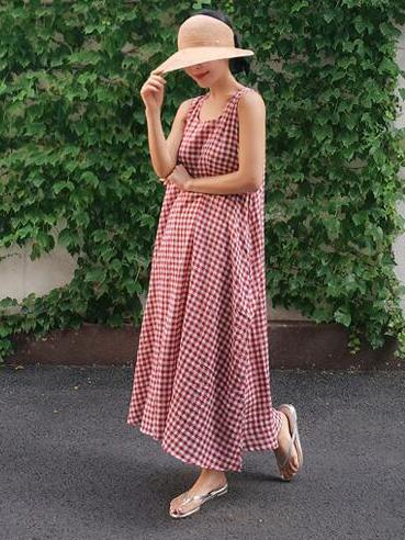 Sleeveless Plaid Loose Plus Size Midi Dresses