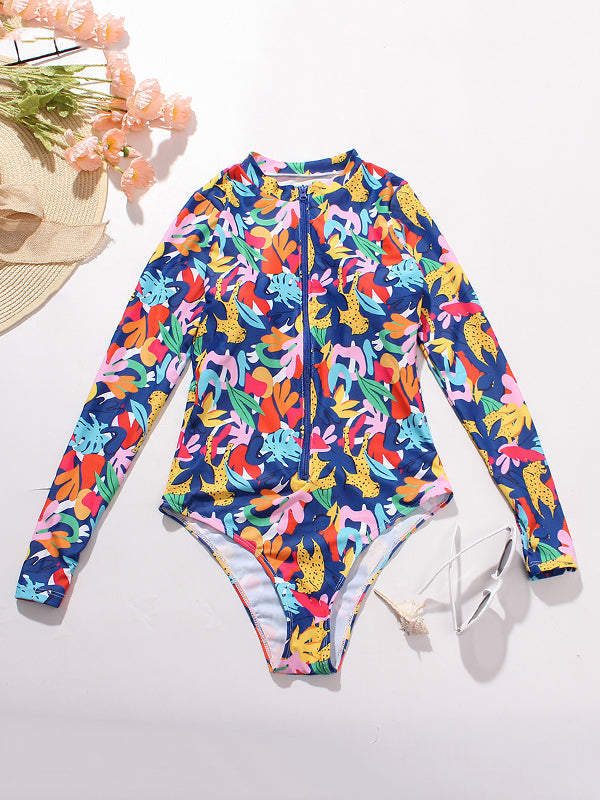 Long Sleeve Printed Zipper One-Piece Wetsuit Swimwear