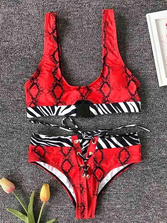 Leopard Print Plug Bandage Split Bikini Swimsuit