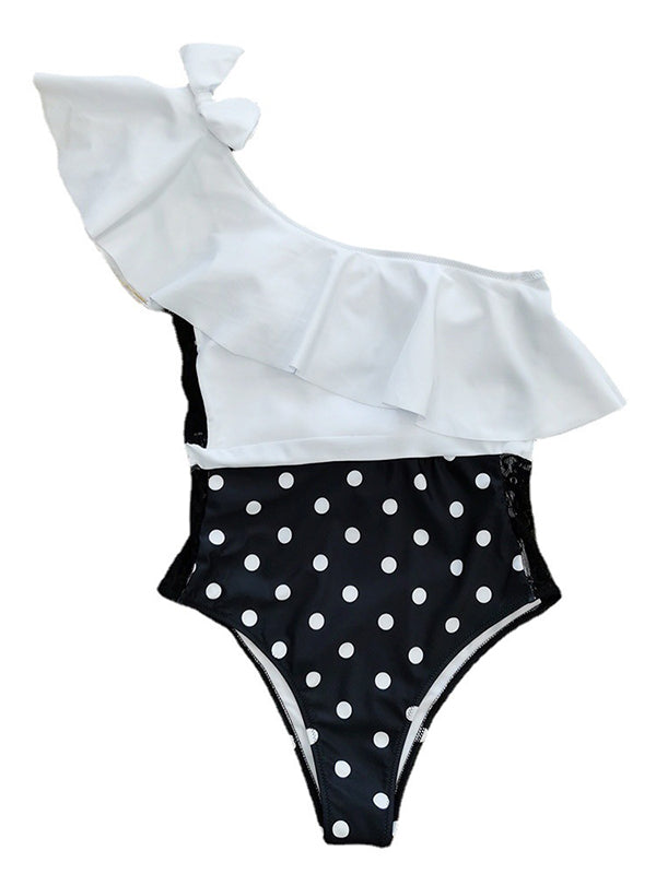 Polka Dot Bow-Embellished Falbala One Shoulder One-Piece Swimsuit