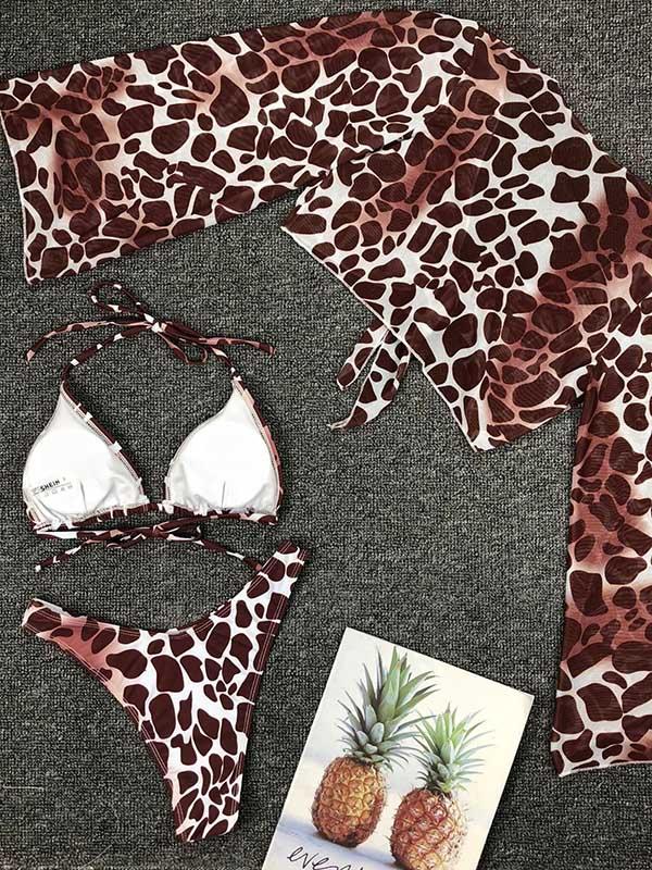 Sexy Strapless &Sun Shirt Leopard Print Three Piece Tankini Swimsuit