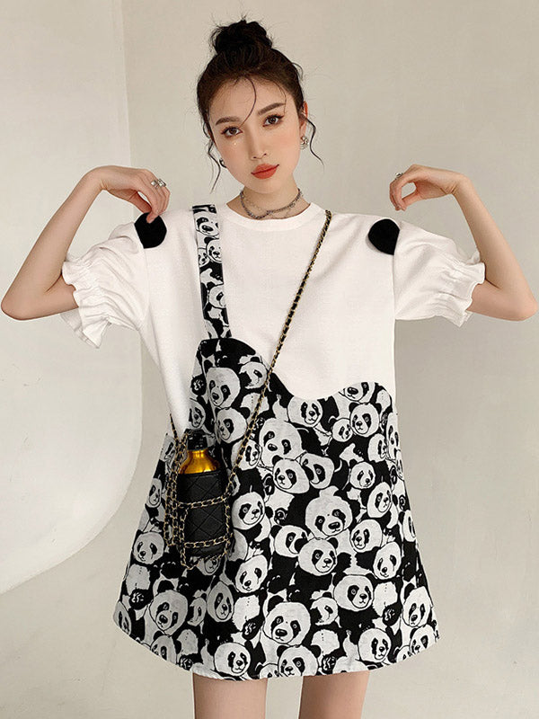 Original Stylish Falbala Split-Joint Panda Printed Round-Neck Bishop Sleeves T-Shirt Mini Dress