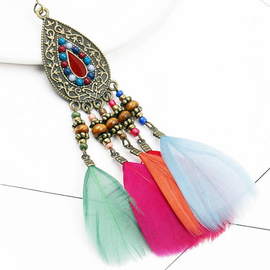 Fashion feather tassel female handmade rice beads bohemian  Earrings Wholesale