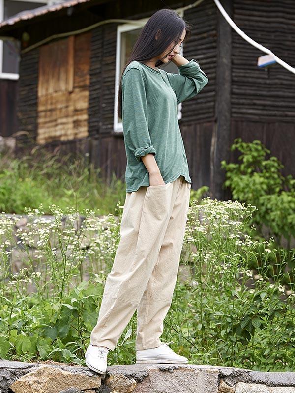 White&Beige Split-joint Casual Linen Pants