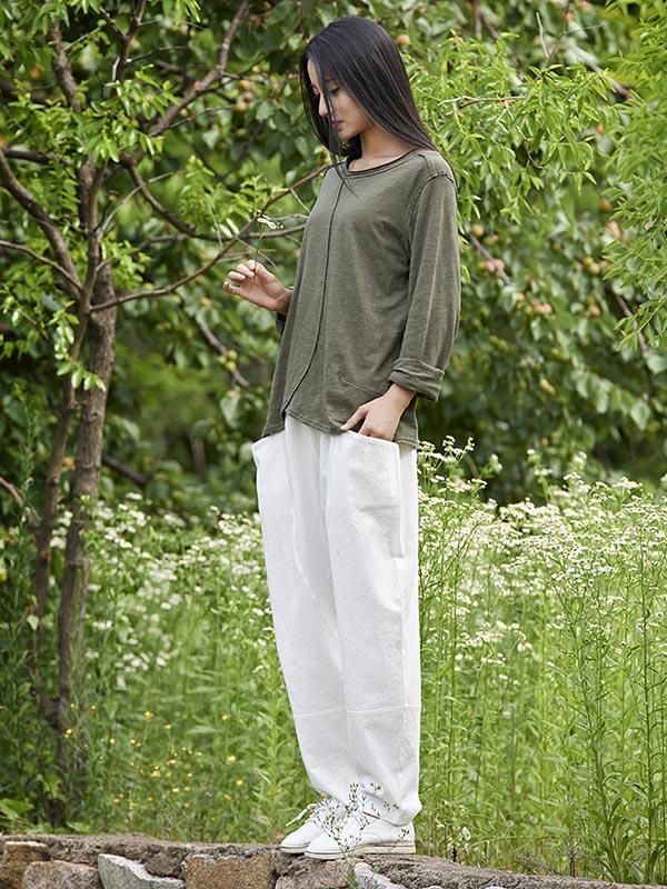 White&Beige Split-joint Casual Linen Pants