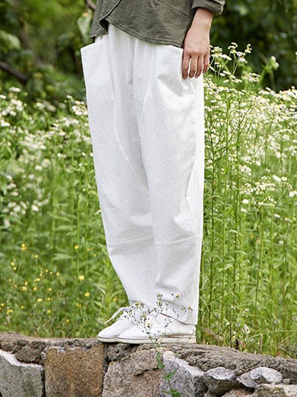 White&Beige Split-joint Casual Linen Pants