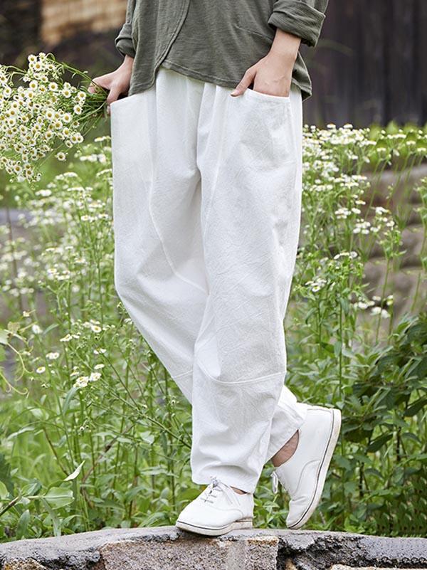 White&Beige Split-joint Casual Linen Pants