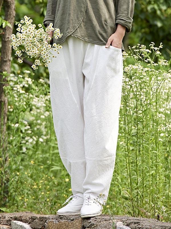 White&Beige Split-joint Casual Linen Pants