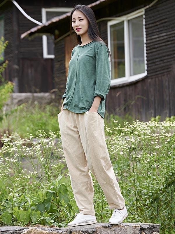 White&Beige Split-joint Casual Linen Pants