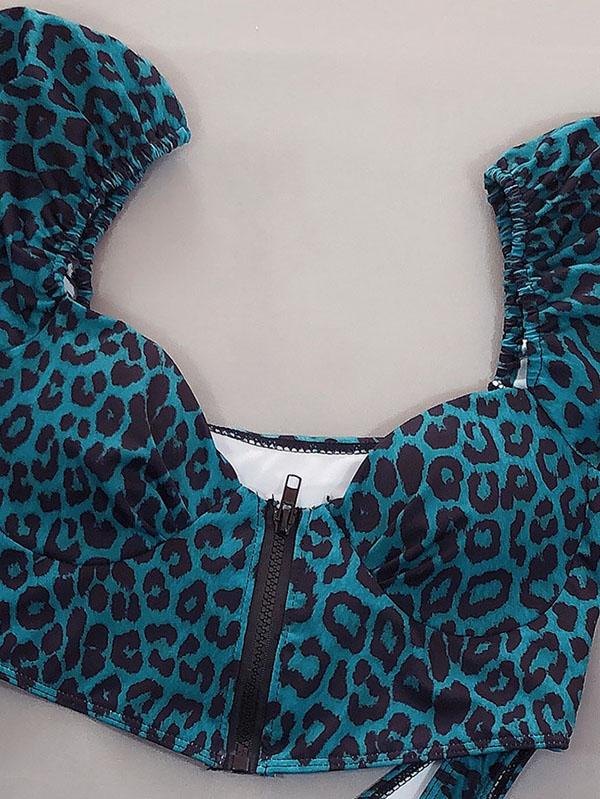 Leopard Print Zipper Short Sleeves Split Bikini Swimsuit