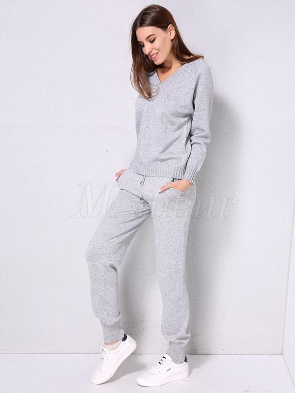 Solid Drawstring Knitting Sweater Sports Suits