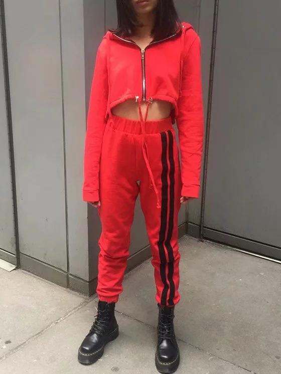 Zipper Hooded Sweatershirts And Striped Track Pants Suits